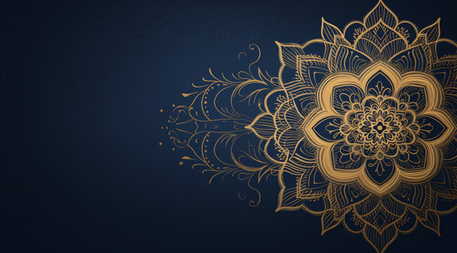 Hand-Drawn Gold Mandala on Ornamental Dark Blue Background"