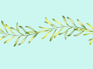 Watercolor seamless border of an olive branch isolated on a blue background.