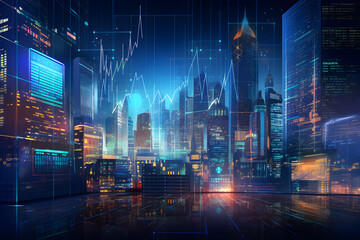 Fototapeta na wymiar Finance and business illustration with dynamic abstract trading and data charts, city skyscraper background