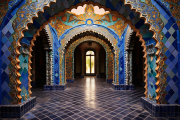 Colorful Panoramic Doorway: Ornate Tiled Walls and Arches