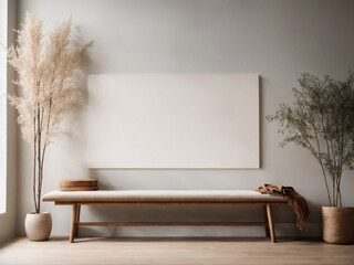 Raw wooden bench with a white poster mockup on the wall and dry bushes decoration, rustic minimal interior design, rustic-themed decor with wooden bench and wall art mock-up
