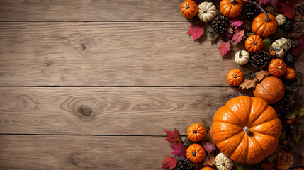 Pumpkins background, colorful varieties of pumpkins on wooden table, concept of autumn and agricultural produce harvested during fall and Thanksgiving, website header with copyspace,, Generative A.I,