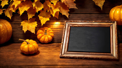 Autumn Thanksgiving background, frame with copyspace, chalkboard surrounded by pumpkins and autumn vegetables, fall still life, website header, Generative A.I,
