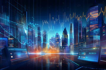 Finance and business illustration with dynamic abstract trading and data charts, city skyscraper background - obrazy, fototapety, plakaty