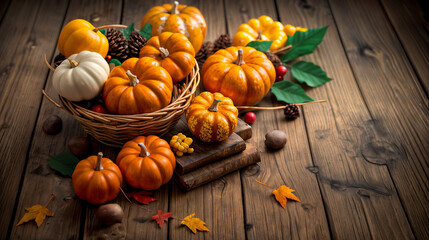 Autumn Thanksgiving background, pumpkins, and leaves on a rustic table, background banner, winter supplies, website header with copyspace, fall season crops gathered in a basket, Generative A.I,