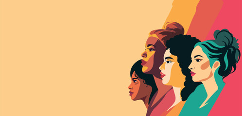 Vector flat banner for International Women's Day, women of different cultures and nationalities. Simple illustration. Vector concept of movement for gender equality and women's empowerment
