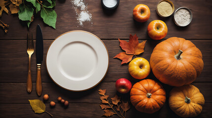 Thanksgiving table, plates and cutlery surrounded by autumn fruits and vegetables, apples and pumpkins on a wooden table, fallen colorful leaves, Generative A.I,
