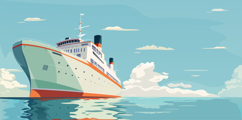 Sea ship, cruise liner at blue ocean water. Luxury resort, huge boat, summer vacation, white vessel, marine transport. Calm journey, tourist voyage, holiday tour. Seascape. Vector illustration © GN.STUDIO