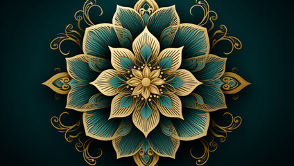 Mandala-Inspired Decorative Gold Floral on Blue Background
