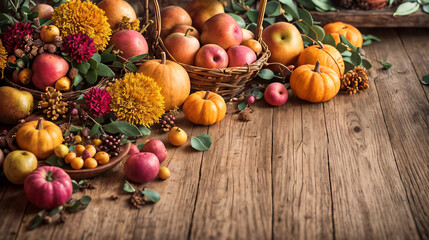 Obraz na płótnie Canvas Autumn Thanksgiving background, pumpkins, and leaves on a rustic table, background banner, winter supplies, website header with copyspace, fall season crops gathered in a basket, Generative A.I,
