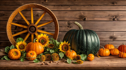 Autumn Thanksgiving background, pumpkins, and sunflowers on a rustic table, background banner, rustic wagon wheel, website header with copyspace, fall season crops in a basket, Generative A.I,