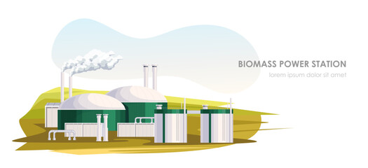 Biomass power station at field. Alternative energy resource, environment ecology. Industrial technology, factory. Natural, renewable and clean electric source. Vector illustration