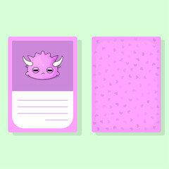 Card Тired Cartoon Cute Monster With Horns with Front and Back and Blank Text Box