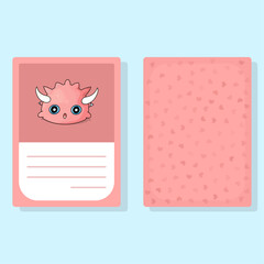 Card Pink Surprised Cartoon Cute Monster With Horns with Front and Back and Blank Text Box