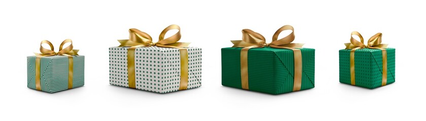 A collection of white and green gift wrapped Christmas, birthday or valentines presents with gold ribbon bows isolated against a transparent background.