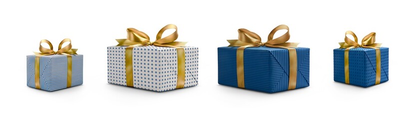 A collection of white and blue gift wrapped Christmas, birthday or valentines presents with gold...