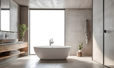 Fototapeta na wymiar Minimalist style interior design of modern bathroom with concrete wall. AI generative.
