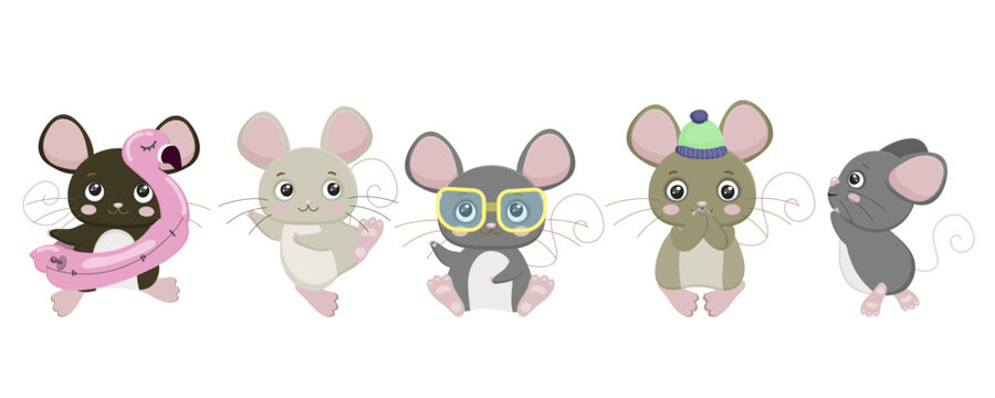 Cartoon mouse set. Cute rat character collection. Small animal. Funny, happy and cheerful little pet with tail, ears. Rubber ring. Stylish sunglasses. Isolated on white background. Vector illustration