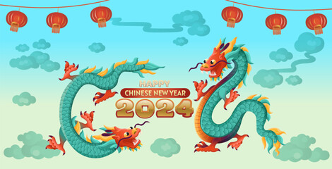 Chinese dragon, symbol of 2024. zodiac symbol, Calendar 2024
Flying dragons, cartoon hand drawn style.