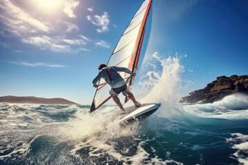 Exhilarating experience of windsurfing from a first-person perspective. - obrazy, fototapety, plakaty