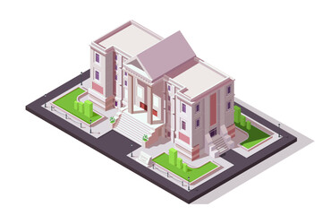 Courthouse building, court of justice, law and legal construction. Criminal punishment, lawyer and advocate office. Concept of jurisdiction and investigation. Isometric vector illustration