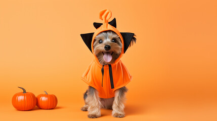 Adorable, Happy Dog Wearing a Halloween Costume Looking Lovingly - Against a Vibrant Background with Studio Lighting Effect - Spooky Season - Pumpkin or Jack-O-Lantern 