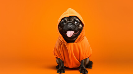 Adorable, Happy Dog Wearing a Halloween Costume Looking Lovingly - Against a Vibrant Background with Studio Lighting Effect - Spooky Season - Pumpkin or Jack-O-Lantern 