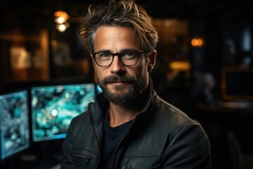 Obraz premium Caucasian Man Computer Programmer Background Stylish Generative AI