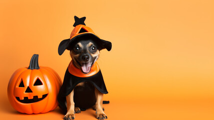 Adorable, Happy Dog Wearing a Halloween Costume Looking Lovingly - Against a Vibrant Background with Studio Lighting Effect - Spooky Season - Pumpkin or Jack-O-Lantern 