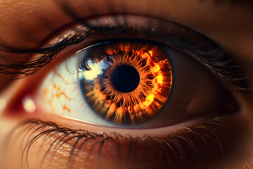 close-up beautiful eye female person. burning glowing fire in the eye.