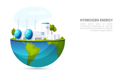 Hydrogen power station on half of globe. Green, clean and ecological energy production. Environmental, alternative resource. Renewable fuel. Industrial technology, modern windmill. Vector illustration
