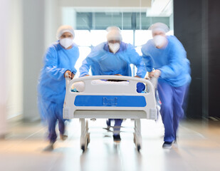 Running, bed and surgeon team, healthcare expert or group speed for surgery support, emergency...