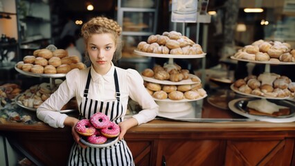 Blonde smiling bakery in front of fresh pastries. Woman is holding pink donuts in her hands