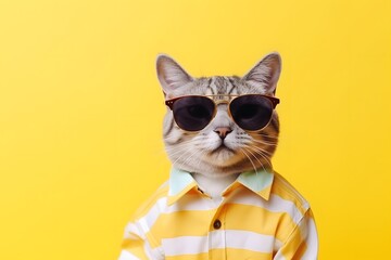 Cute cat wear sunglasses and shirt in summer background.