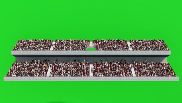 Green Screen 3D Crowd on Two Floor Stadium,Front View Isolated Graphic People Sitting and Walking Animation for Sport Scene