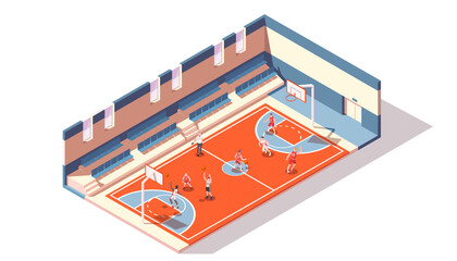 Basketball hall, sportsman play game at court, sport activity. Perfect place for match, athlete training, competition. Concept of exercise for tournament. Isometric vector illustration
