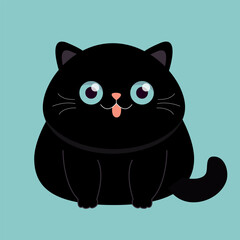 Cute funny fat cat sitting. Kitten with blue eyes, showing pink tongue. Face head silhouette icon. Cartoon baby character. Funny kawaii pet animal. Sticker print. Flat design. Blue background.