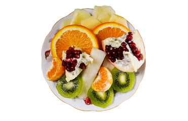 Chopped fruits on a plate on a white background