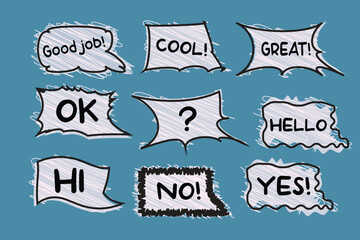 Bubble comic speech set stickers  design for any purposes Social network vector illustration blank in flat style chat symbol label tag dialog word Online chat clouds with different words comments Cute