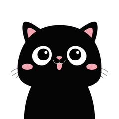 Black cat head silhouette. Cute cartoon baby character. Kawaii pet animal. Smiling face. Pink nose, ears, cheeks, tongue. Funny kitten. Sticker print. Flat design. White background.