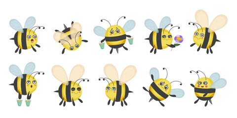 Set of various bug insect. Collection of cartoon bee, wasp, bumblebee, hornet. Cute wing and antennae. Black and yellow color. Funny character. Isolated on white background. Vector illustration