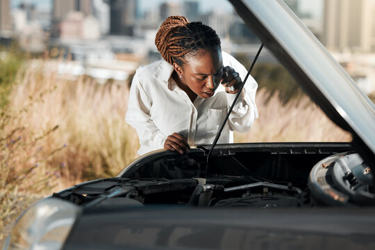 Phone call, stress and black woman fixing car in the road with frustration for engine problem emergency. Transport, travel and upset female person on mobile conversation with motor accident in street
