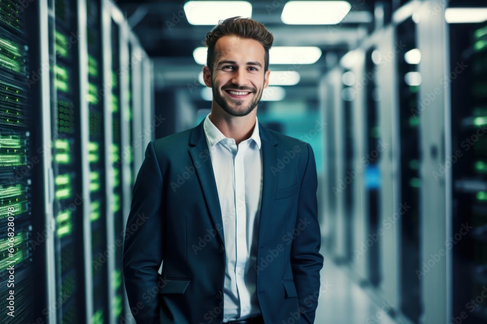 Poster caucasian man data analyst background charming generative ai