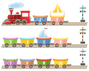 Cartoon funny train with numbers, red locomotive, long railroad. Concept of kid transportation, funny travel, happy children, cheerful trip. Preschool, kindergarten education. Vector illustration