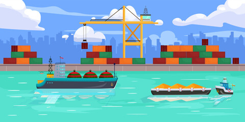 Urban port seascape. Large tanker. Tug with sand. Lifting crane. Cityscape in background. Water canal. Pier and dock with container. Business export shipping. Commercial delivery. Vector illustration