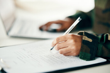 Sign, contract or hands writing on army application, paper or form document for military or war...