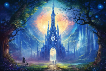 Man. Fantasy landscape with a fantasy portal to another world. Magic ancient temple. Mystical gothic church. Fairy Kingdom. Fantastic scene. Fantasy castle. Digital vector painting