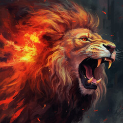 Lion Roaring. Head of Lion with a fiery mane. The majestic King of beasts with a flaming,  blazing mane. Regal and powerful. Wild animal. Ferocious Roar. Fire backgrounds. 3d digital painting