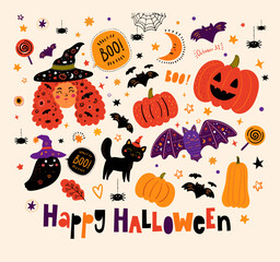 Happy Halloween illustration.  Vector Halloween collection with cute symbols of Halloween
