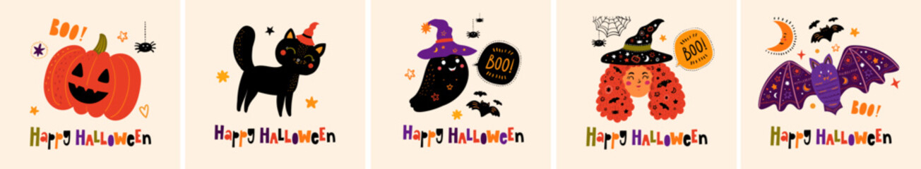 Vector Halloween collection with cute symbols of Halloween